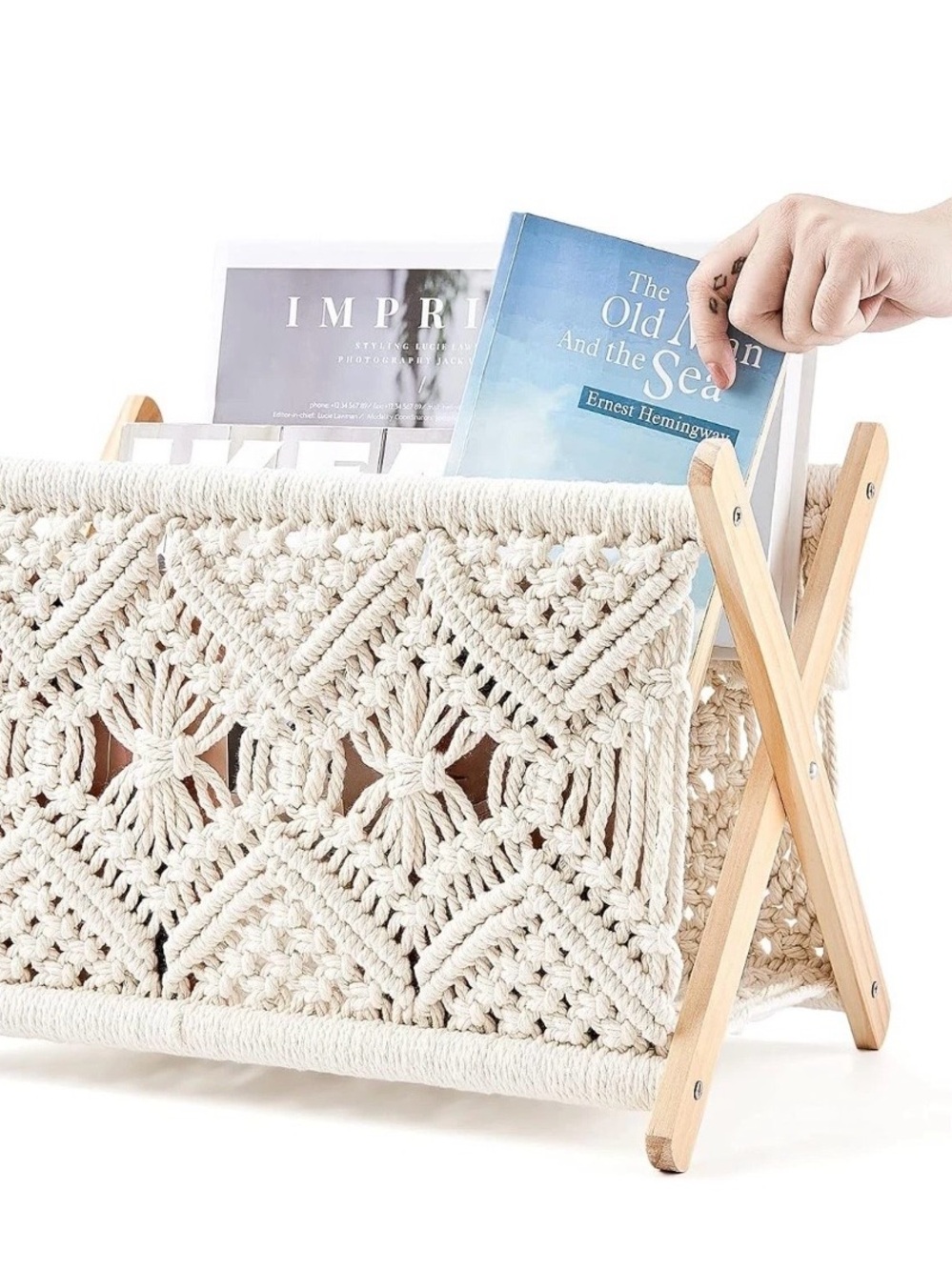 Macrame Magazine Holder Rack Boho Storage Standing Rack Book Newspaper Decor - Picture 2 of 14
